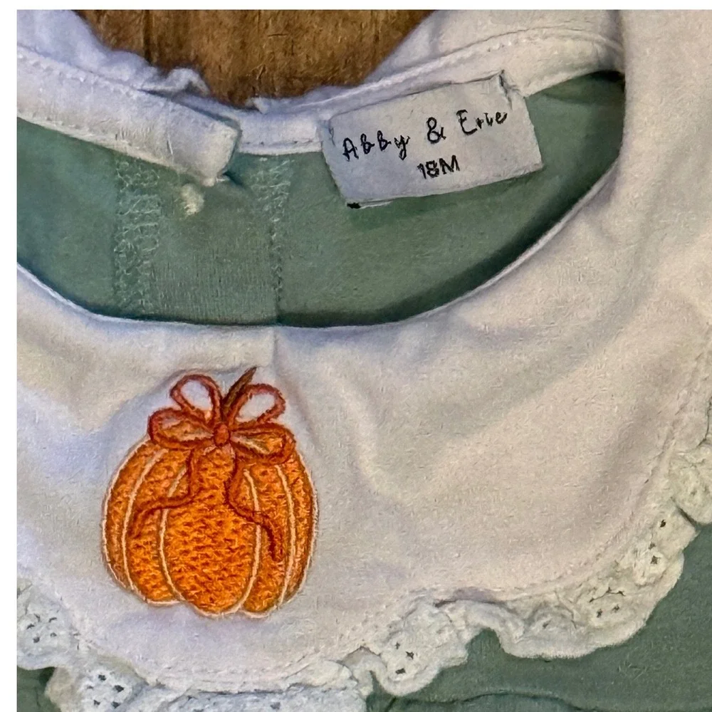 Abby & Erie Girls Sage Green Pumpkin Embroidered Peter Pan Collar Romper 18M - Picture 2 of 6